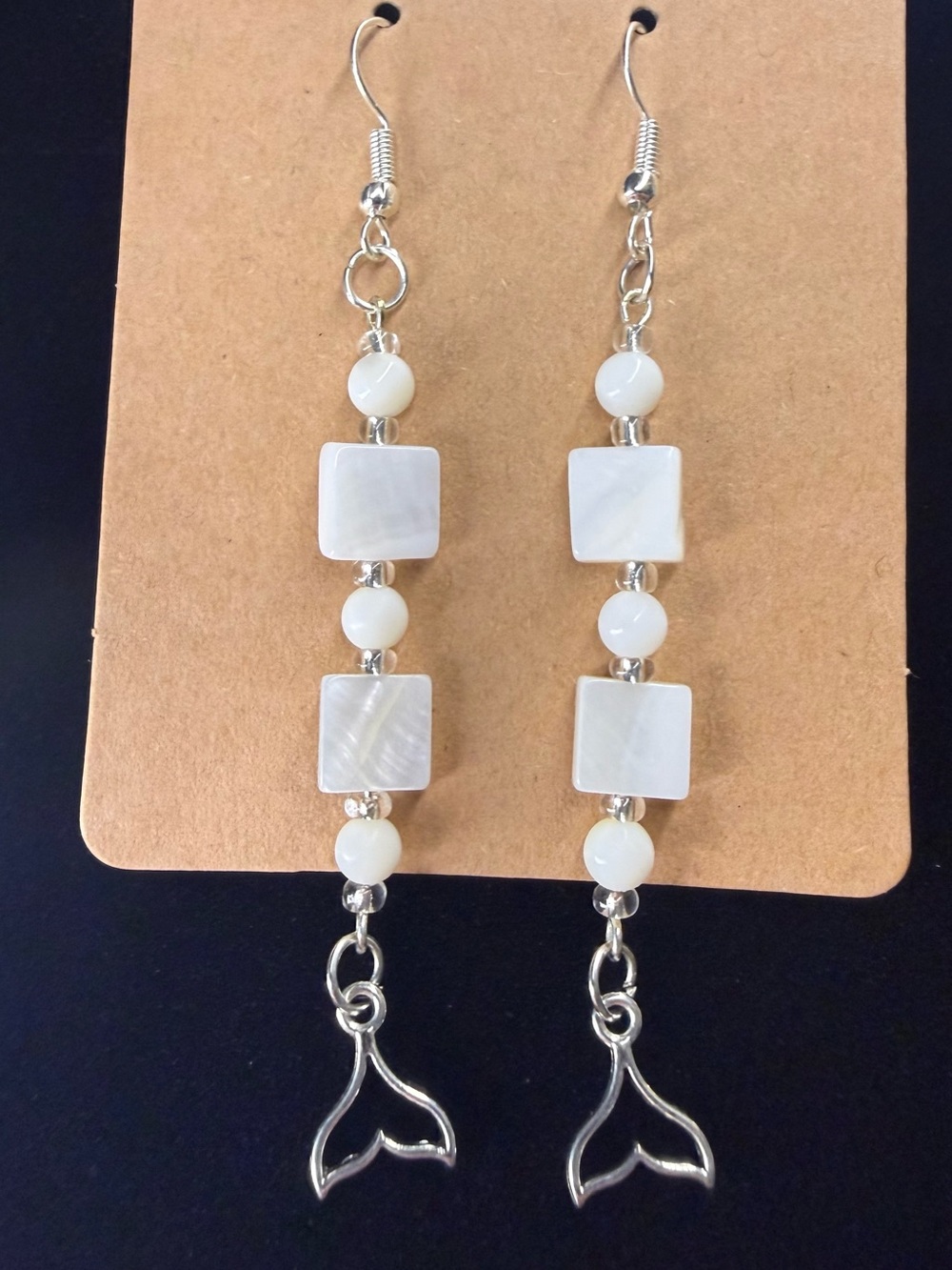 White Shell Bead Drop Earrings with Silver Whale Tail Charm handmade